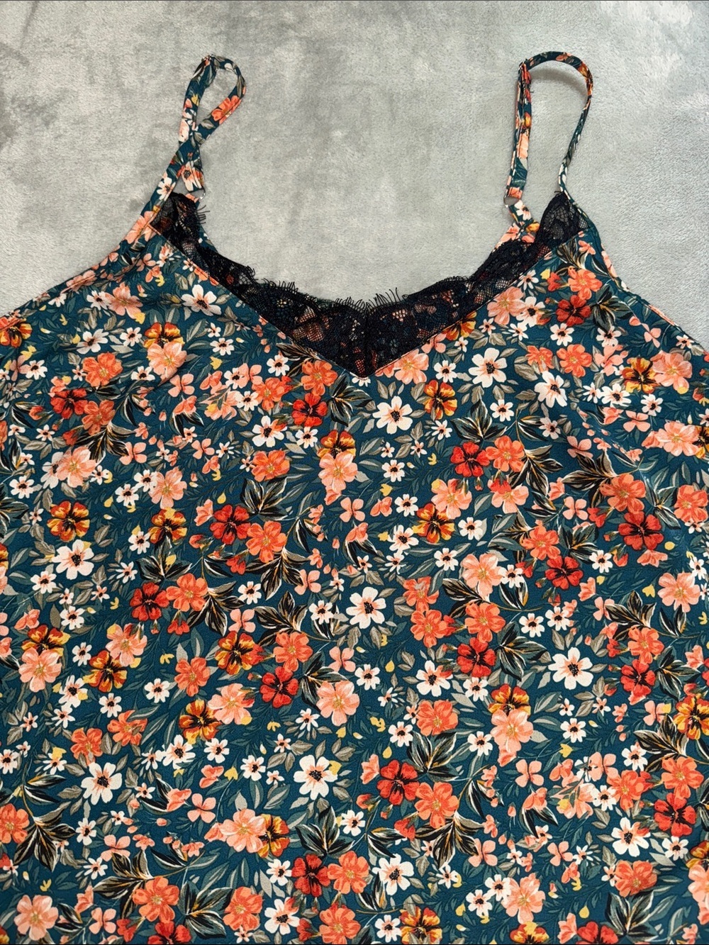SHEIN Teal Floral Lace-Trim Cami with Coral & White Flowers